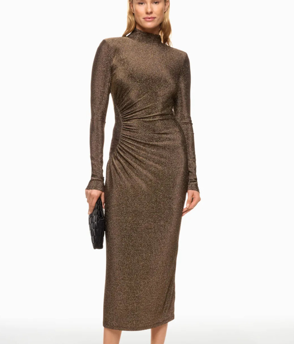 Ramy Brook Gold Black Midi Dress XL Bodycon Ruched Turtleneck Cocktail $400